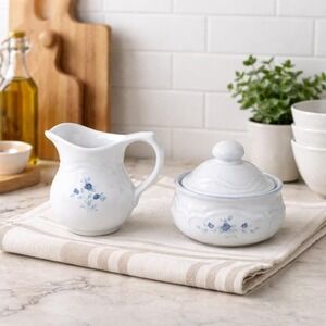 Vintage Pfaltzgraff Blue Rose Creamer and Sugar Bowl Stoneware Set